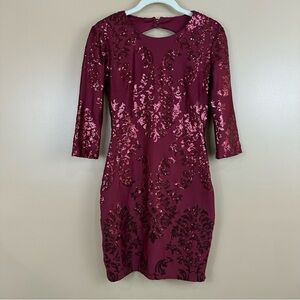 B Darlin Womens Juniors Burgundy Sequined Bodycon Cocktail Party Dress 3/4 Mini